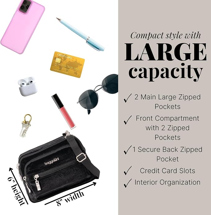 Baggallini Triple Zip Small Crossbody Bag for Women - Lightweight Convertible Fanny Pack Belt Bag