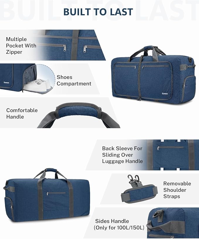 Gonex Large Foldable Travel Duffle Bag with Shoes Compartment, Packable Lightweight Water Repellent Duffel Bag for Camping Gym Weekender Bag