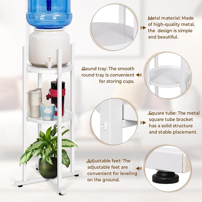 Water Dispenser Stand 5 Gallon Water Jug Stand Sturdy Water Stand(32.8" H-11.2" W) Water Jug Stand with 2 Round Shelfs for 1-5 Gallon Water Bottles/Crocks, Water Jug and Plant Stand (White)