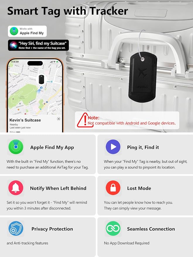 Luggage Tags Built-in Anti-Loss Tracker, Luxury Leather Luggage Tags for Suitcase, Travel Bags, Backpacks, Travel Organizer for Lost Baggage Prevention (S-Black)