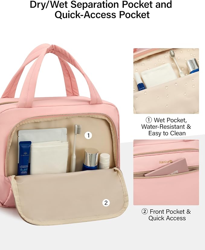 Hanke Hanging Travel Toiletry Bag for Women, Water-Resistant Makeup Organizer with Hook, Cosmetic Bag for Bathroom & Travel Essentials Accessories, Pink