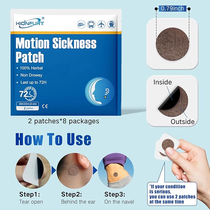 Hionfurt 64ct Motion Sickness Patches – Sea Sickness Patches for Cruise, Car, Airplane, and Other Travel – Non-Drowsy, Effective, Lasts 72 Hours