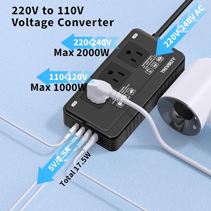 2000W Voltage Converter US to Europe for Hair Dryers, 7-in-1 220V to 110V Converter for European Travel with 3 AC/2 USBA/2 USBC Ports, Universal Power Converter Adapter Combo with EU/UK/IT/AU Plug