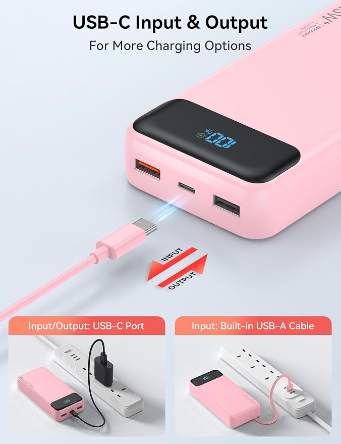 Nusyddy Portable Charger 20000mAh 22.5W w/4 Built-in Cables/6 Outputs Pink | High capacity, Fast Charge, LED Display, Pass Through Charging, Charge 6 Devices at once, TSA Approved, Fits iPhone, Samsung