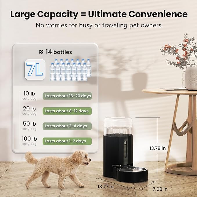 CZPET Dog Water Bowl Dispenser 7L, Wider Mouth & Upgraded Brush for Easy Cleaning Automatic Cat Gravity Refilling Waterer with Removable Stainless Steel Bowl, Large Drinking Area for Multi-Pet (Black)