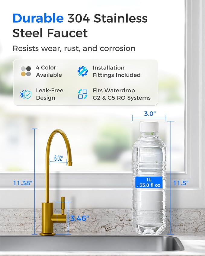 Waterdrop G2FCT-Gold Drinking Water Faucet, Reverse Osmosis Faucet, Water Filter Faucet for Kitchen Bar Sink, Single Handle, Easy to Install, Lead-Free, Stainless Steel, Brushed Gold
