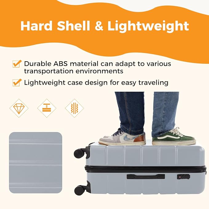 NEWBULIG 28 Inch Checked Luggage, ABS Hard Shell Lightweight Rolling Expandable Suitcase with Smooth Spinner Wheels and TSA Lock for Business Trips and Daily Vacations, Light Grey