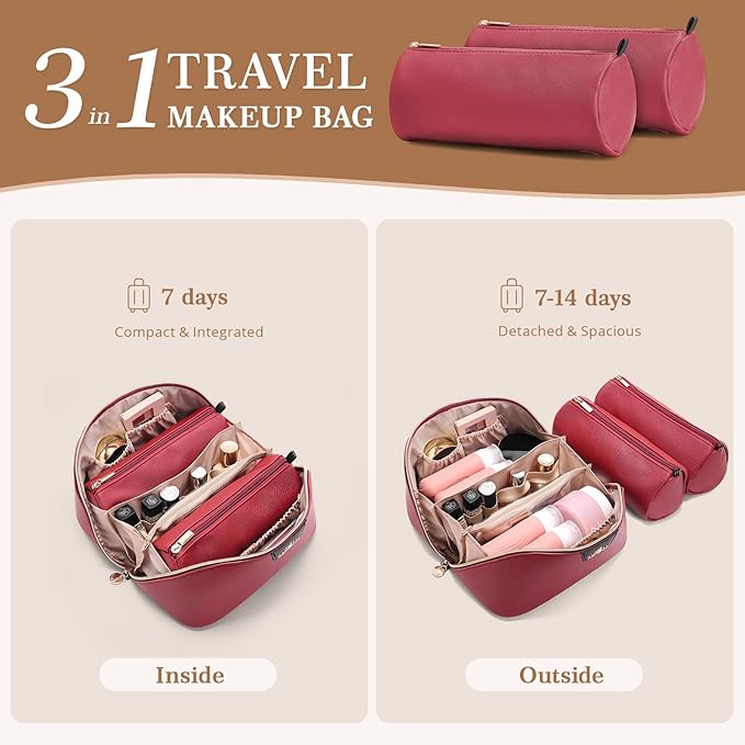 Travel Makeup Bag for Women: 3-in-1 Large Capacity Cosmetics Organizer with 2 Detachable Pouch - Vegan Leather Flat Open Toiletry Bag - Portable Travel Essentials for Full-Sized Bottles(Red)