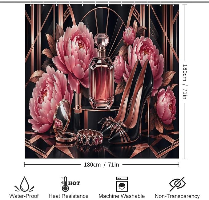 Floral Perfume Heels Jewelry Bathroom Rug Set 4 Piece with Shower Curtain Non Slip Bath Mat Set Microfiber Bathroom Decor Toilet Lid Cover U Shape Rug Waterproof Bathroom Accessories