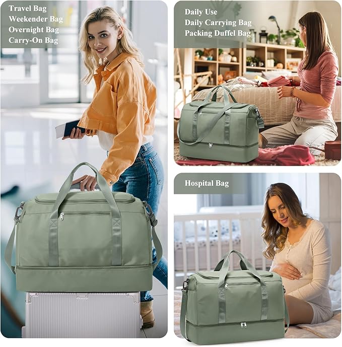 Extra Large Travel Duffle Bag,Carry on Overnight Bag with Shoes Compartment,Weekender Bags for Women for Travel Business Trips Sport Hospital,3 Pcs Set,Green