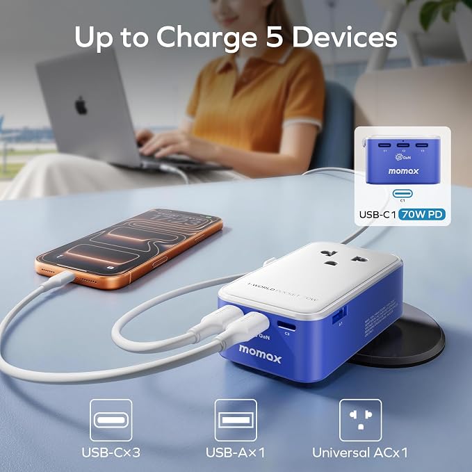 (2026 NEW) MOMAX Universal Travel Adapter, Ultra-Thin 70W GaN International Plug Adapter with 3 USB-C, 1 USB-A and AC Outlet, Works in 200+ Countries, Not a Voltage Converter, for International Travel