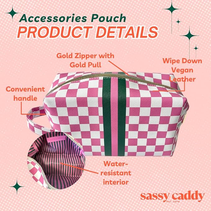 Sassy Caddy Makeup Bag for Women – Golf Accessory Pouch, PU Leather Cosmetic Organizer, Sunscreen Toiletry Case with Handle, Water-Repellent Lining, Cute Travel Gift