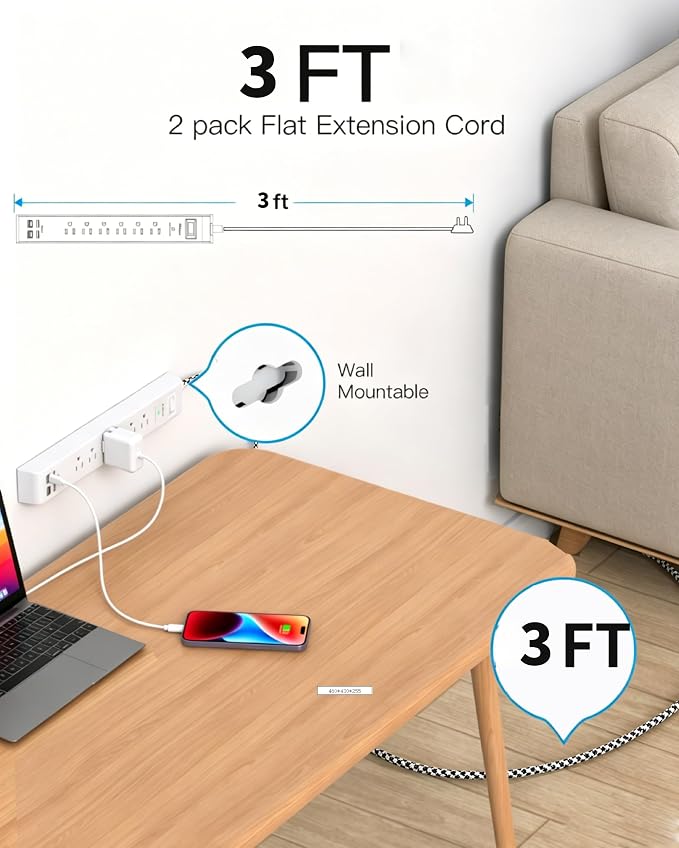 2 Pack Power Strip, Extension Cord 3FT, Surge Protector with 6 Outlets and 4 USB Ports (2 USB C), Flat Plug Overload Protection, Extension Cord with Multiple Outlets, Wall Mount for Home Dorm College