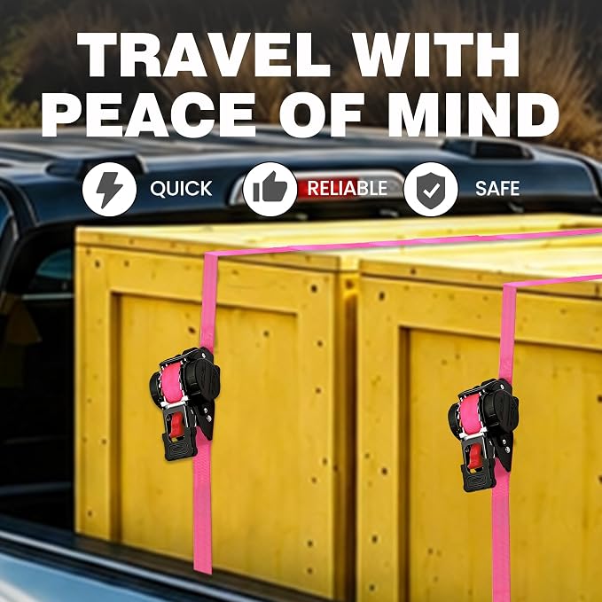 Retractable Ratchet Straps 1" x 13Ft, Heavy Duty Self Retracting Tie Down Straps, 1800lb Break Strength Auto Retract Cargo Straps for Truck, Trailer, Motorcycle, ATV, UTV, (Pink, 4 Pack)