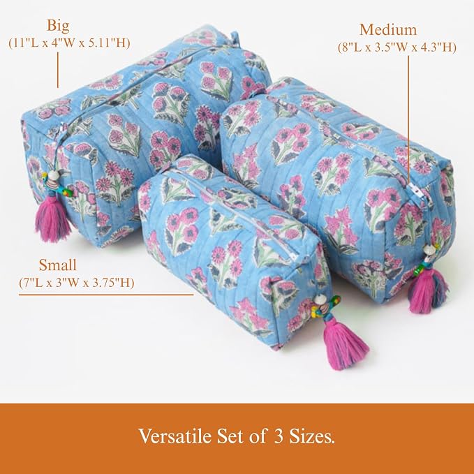 Saffron Marigold Quilted Makeup Bag Set of 3, Hand Block Printed Cotton Cosmetic Bags for Women, Waterproof Lined Travel Toiletry Bag, Coquette Floral Aesthetic, Handmade Gift, Denim Rose