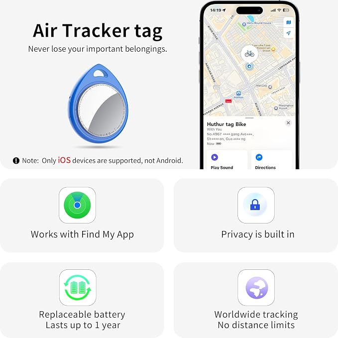 Air Tracker Tags-4 Pack Blue, 5.3 Bluetooth Tracker Work with Apple Find My (iOS Only), 100dB Sound, Smart Tag with Keychain/Lanyard, Item Finder for Luggage/Key/Suitcase, Replaceable Battery.
