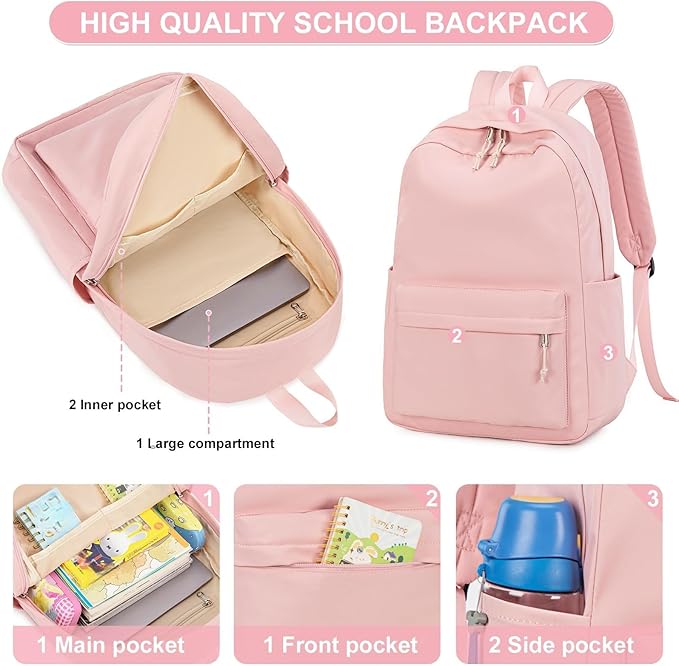 LOIDOU Backpack for Girls School Backpacks Bookbags for Elementary Middle School Women Laptop Backpacks (Solid Pink, L-17)