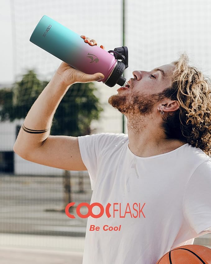 Coolflask Water Bottle 20 oz Insulated with Straw, Stainless Steel Metal 3 Lids Water Flask Wide Mouth for Sports or Office, Non-BPA Keep Cold Up to 48 Hrs or Hot Up to 24 Hrs, Bubblegum Princess