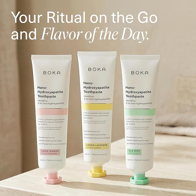 Boka Fluoride Free Toothpaste, Nano Hydroxyapatite Toothpaste, Appropriate for Sensitive Teeth - for Adult Oral Care - Ela Mint, Coco Ginger, Lemon Lavender Flavor, 4 Fl Oz 3Pk US Manufactured