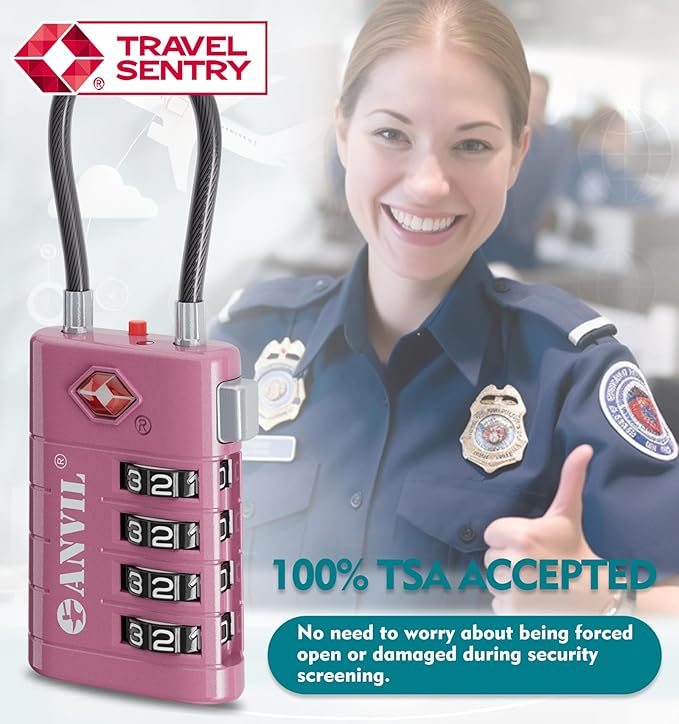 ANVIL TSA Approved Luggage Locks with Search Alert Indicator, 4-Digit Combination Suitcase Lock, Advanced TSA008 Core Heavy Duty Anti-Theft Travel Lock for Double Zippers, Backpacks