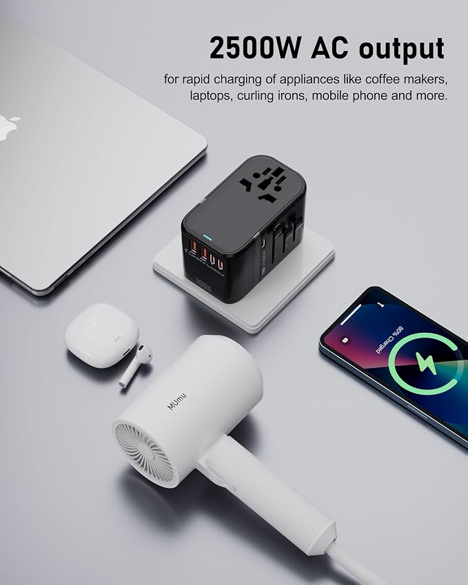100W GaN Universal Travel Adapter International Power Adapter, with 5 USB(3 USB C) Charging Ports European Travel Plug Worldwide for US to Europe UK, EU, AU (Type C/G/A/I) Outlet Wall Charger