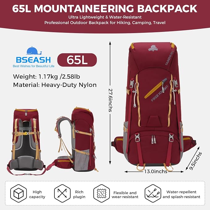 Bseash 65L Waterproof Hiking Camping Backpack with Rain Cover, Outdoor Sport Travel Daypack for Climbing Touring (Wine Red)