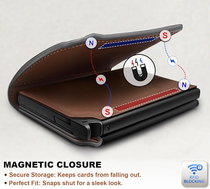 BULLIANT Men Wallet Leather Wallet Card Holders Money Clip for Men 10Cards-Magnetic Flip on Metal Case