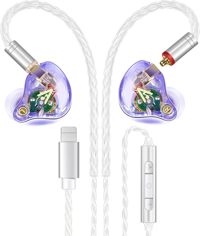 Vibes 202ML Wired Earbuds - HiFi in Ear Headphones for iPhone 5–14, Noise Isolating Ear Buds w/ Mic - Clear Sound, Deep Bass, Comfort-Fit Earphones - MMCX–LTN, Silver Plated Cord, Carrying Case