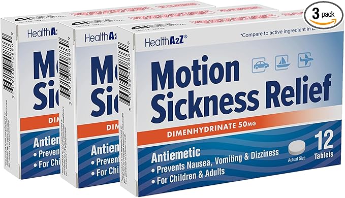 HealthA2Z® Motion Sickness Relief | Dimenhydrinate 50mg | Antiemetic | Prevents Nausea, Vomiting & Diziness | for Children & Adults (36 Counts (Pack of 3))
