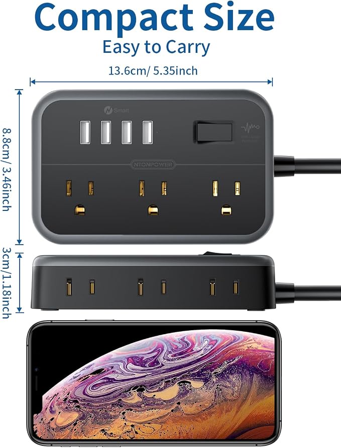 NTONPOWER 6 Widely Spaced Outlet(2 Side) Power Strip with 4 USB Ports, Extension Cord 15 Ft