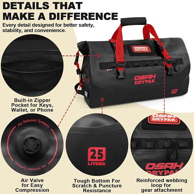 OSAH DRYPAK Waterproof Duffel Bag 25L/40L/60L – Heavy-Duty Motorcycle Tail Bag, Roll-Top Dry Bag for Travel, Camping, Boating, Kayaking, Outdoor Adventure
