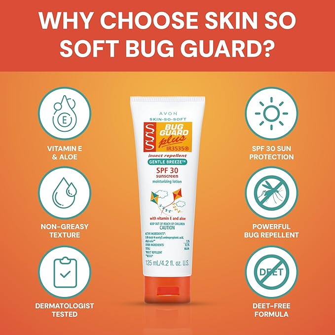 AVON Skin So Soft Bug Guard Plus IR3535 Insect Repellent Moisturizing Lotion — Gentle Breeze SPF 30 Lotion, 2-in-1 Sunscreen & DEET-Free Bug Repellent with Vitamin E & Aloe — Travel Size, 4.2 fl oz