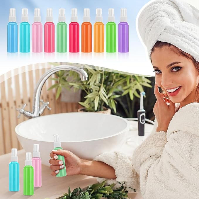 LemonRoad 100 Pack 2 oz Mini Spray Bottles Bulk Small Plastic Fine Mist Spray Bottles Pink Blue Asst Colors Leak Proof Mini Empty Refillable Travel Size Hair Colorful Sprayer Bottle for Cleaning