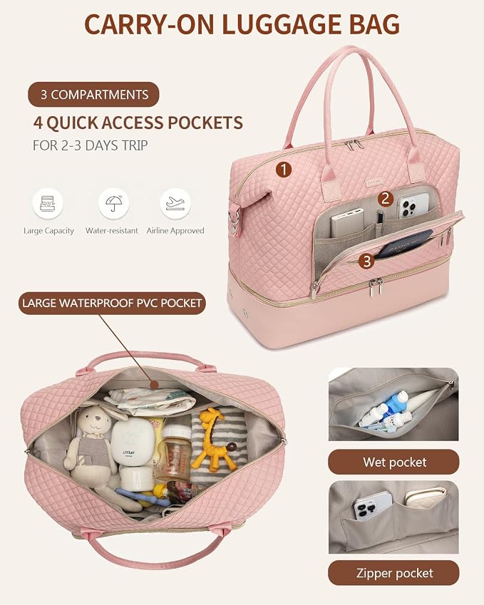 Weekender Bags for Women Travel, Under Seat Carry On Bags for Airplanes Overnight Bag with Shoe Compartment Luggage Sleeve, Foldie Travel Tote Bag Hospital Bag, Travel Gifts, Pink