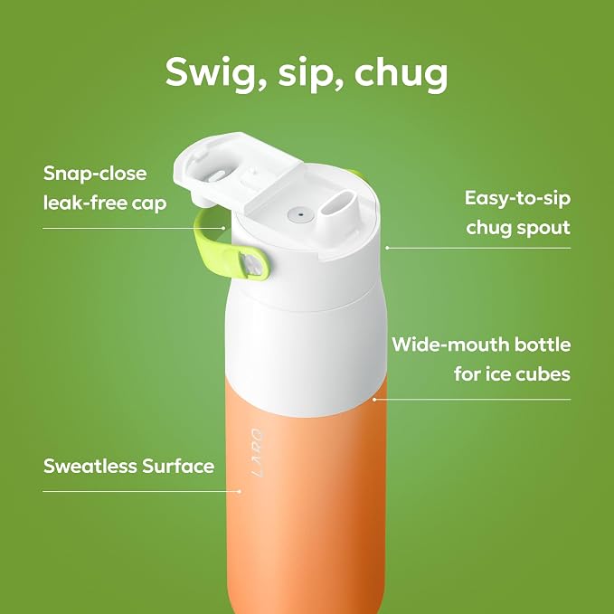 LARQ Swig Top — Insulated Stainless Steel Water Bottle with Straw, Detachable Silicone Handle, Vacuum 24h Cold, BPA-Free Metal Bottle for Gym, Travel, Office — 23 oz, Sorrento Tangerine