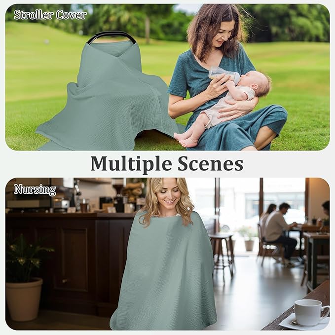 Muslin Nursing Cover Up for Breastfeeding, Soft & Breathable Cotton Breast Feeding Cover for Women, Full Privacy Breastfeeding Cover - Newborn Baby Essential, Green
