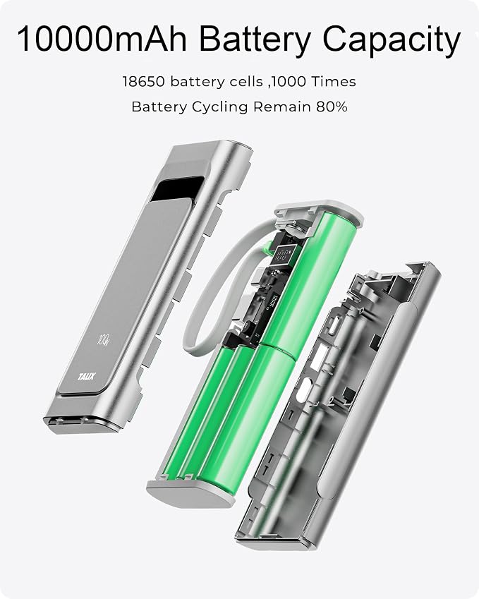TALIX 10000mAh Portable Charger, 3-Port USB-C Power Bank, 100W Max Fast Charging Battery Pack with Built-in Cables for iPhone 17/16/15 Pro Max,iPad,Samsung Galaxy,Phone, TSA Approved Travel, Silver