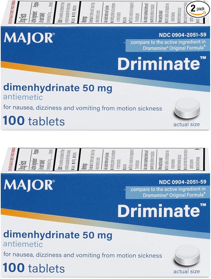 MAJOR Driminate - Dimenhydrinate 50mg Motion Sickness Tablets - Anti-Nausea Medicine - 100 Count (2 Pack)