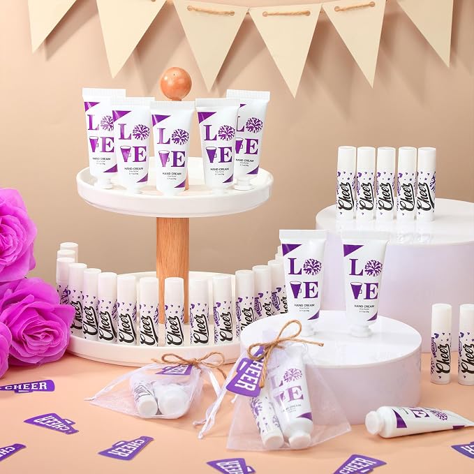 144 Pcs Cheerleading Lip Balms Hand Cream Sets Purple Cheerleading Party Supplies Including 36 Lip Balm and Moisturizing Hand Cream 36 Organza Bags Cards and Ropes for Team Thank You Gifts
