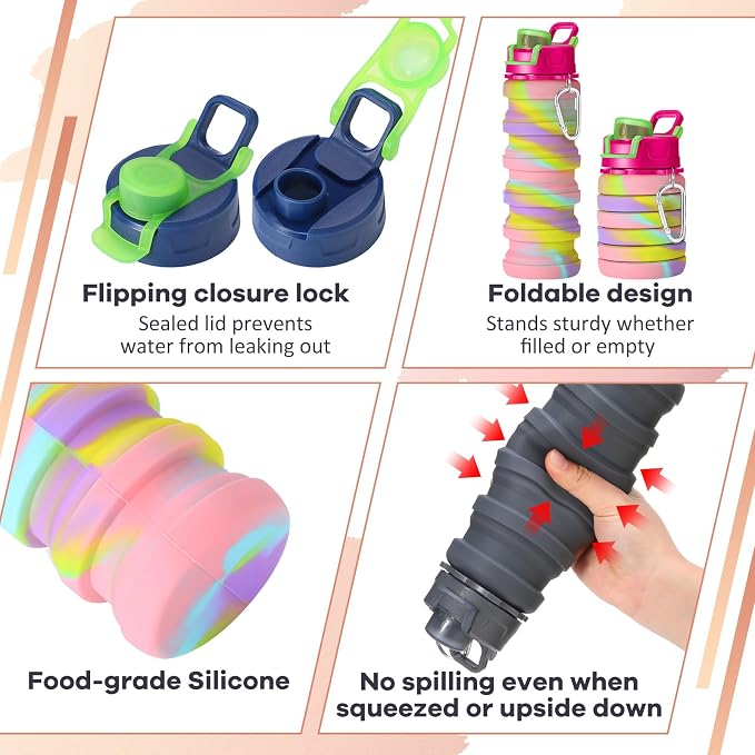 Sunnyray 14 Pack Collapsible Water Bottles Bulk with Hooks 17oz Reusable Leakproof Silicone Sport Foldable Water Bottle for Travel Camping Hiking Cycling Outdoor Party Favors(Dark Color)