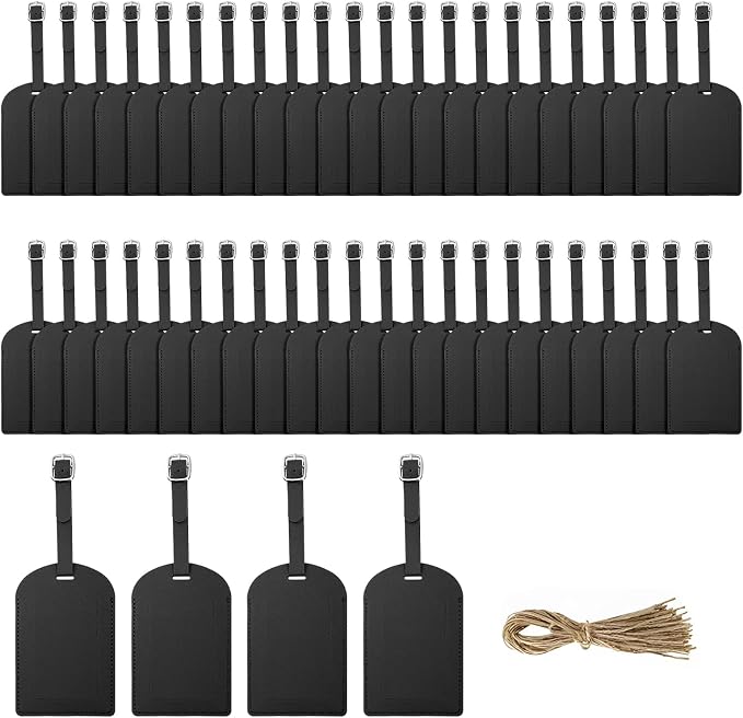 48 Pack Leather Luggage Tags PU Leather with Name ID Card Wedding Favors for Guests Bridal Shower Gifts (Black)