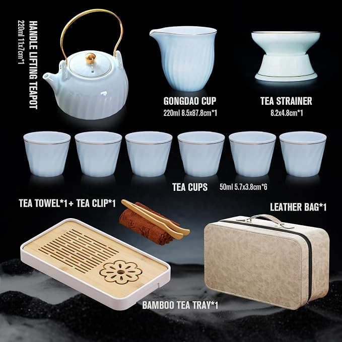 Chinese tea set, Kung fu tea set with 6 cups, Handle lifting Gongfu teaset, Home Office Outdoor Hotel (TilangB 6cups)