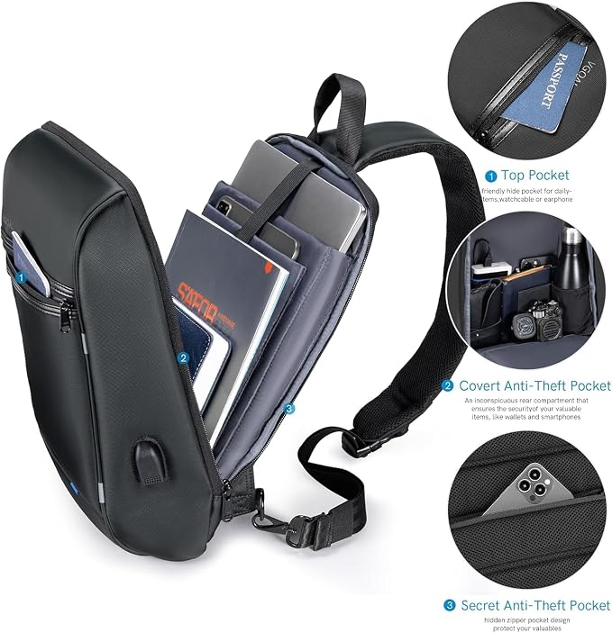 Kingsons 13" Anti-Theft Laptop Sling Backpack. Waterproof nylon, USB port. Ideal for travel, hiking, camping. (FG6301-Black)
