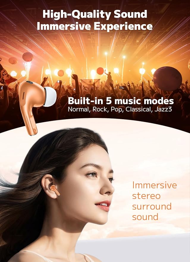 Bucephalus Wireless Earbuds, Bluetooth 5.4 Ear Buds, ENC Noise Cancelling Headphones with 48H Playtime, Bass Stereo Sound, Compatible with iPhone, Android, Pad - Bright Orange