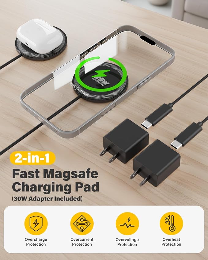 25W Magnetic Wireless Charger, 10FT Fast Charging Pad Wireless Charge for iPhone 17 16 /AirPods3/2/Pro/for Galaxy S26 Ultra/Pixel 10 Series, Portable Charger for Desk& Travel(1Pack,Black)