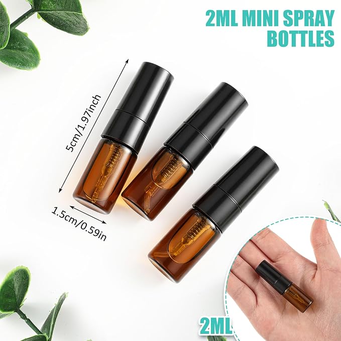 Zhehao 100 Pcs Mini Spray Bottles 2 ml Clear Glass Perfume Bottles Refillable Fine Mist Perfume Atomizer Portable Empty Sample Containers for Cleaning, Essential Oils, Travel (Amber)