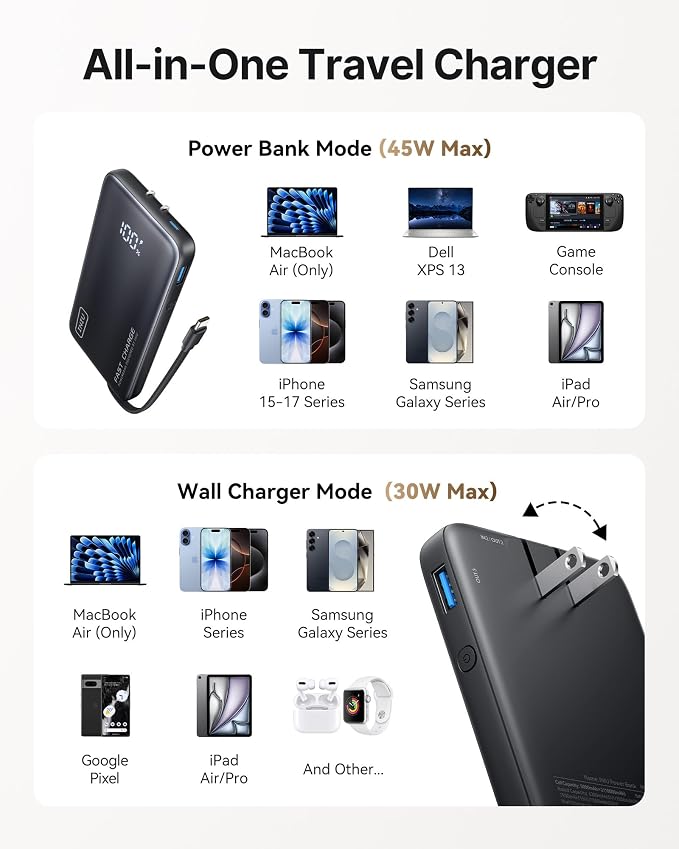INIU Portable Charger, Ultra Slim 45W Fast Charging Power Bank with Built-in AC Wall Plug, 10000mAh GaN 3-in-1 Battery Pack for Flight-Safe Travel, for iPhone 17 16, Samsung S26, iPad etc, Black