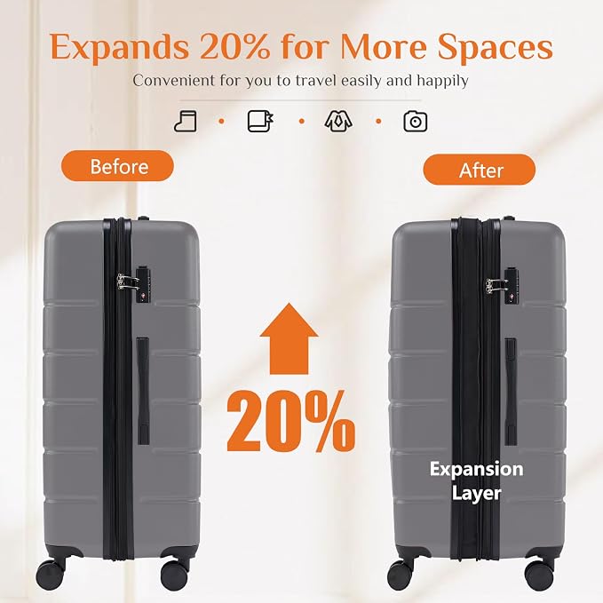 Sweetcrispy 28 Inch Carry on Luggage, Hard Shell ABS Suitcase with Double Spinner Wheels, Lightweight Expandable Rolling Suit Case with TSA Lock, Dark Grey