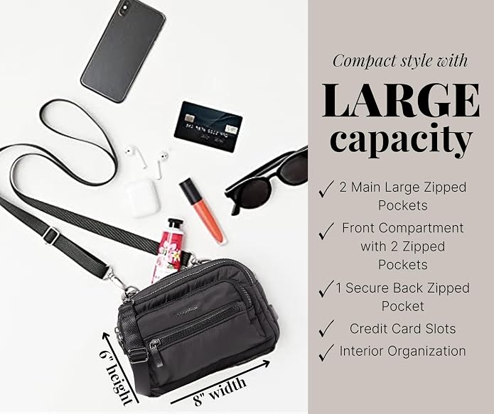 Baggallini Triple Zip Small Crossbody Bag for Women - Lightweight Convertible Fanny Pack Belt Bag