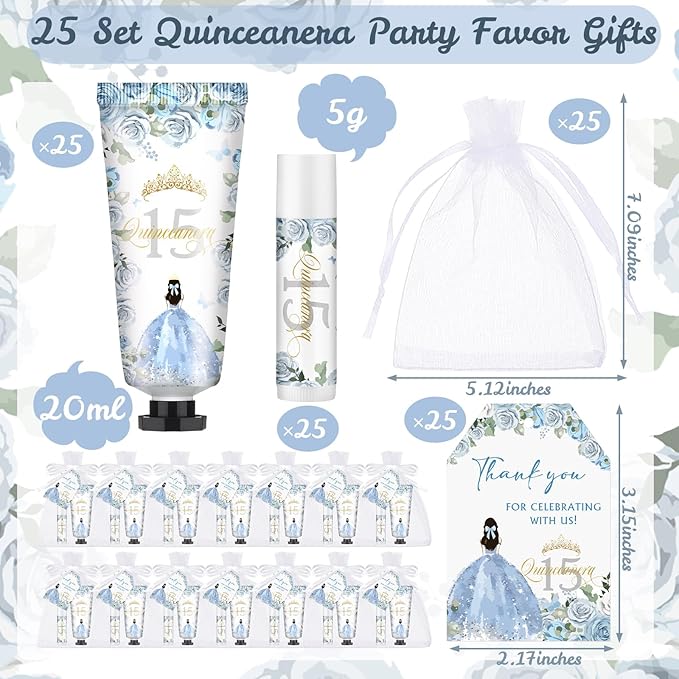 Leelosp 25 Set/100 Pcs Quinceanera Party Favor for Guest with Travel Size Hand Cream, Lip Balm, Card, Organza Bags Quinceanera Gift Set Sweet 15th Party Supply Birthday Souvenir(Dusty Blue)